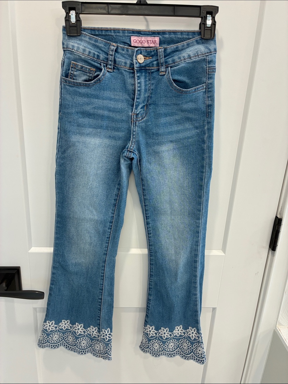 GOGO Girls Blue Flare Jeans with White Floral Embroidered Hem